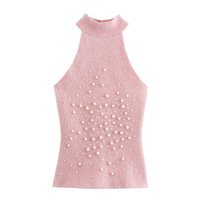Halter neck knitted vest with faux pearls and faux fur effect - Thumbnail 2