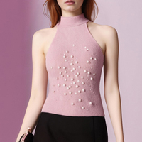 Halter neck knitted vest with faux pearls and faux fur effect - Thumbnail 1