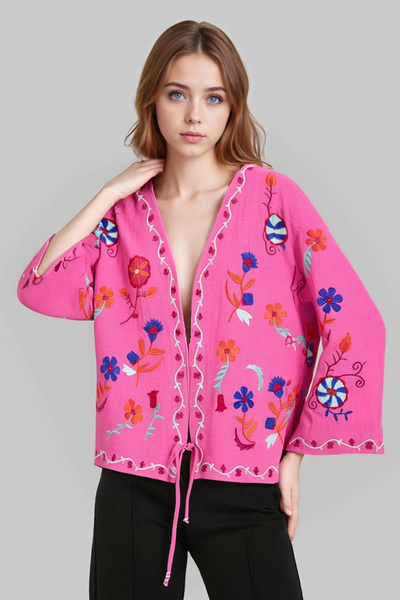 Fashion Loose Embroidered Cardigan Lace-Up Jacket