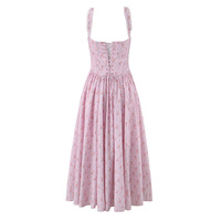 Pink Embroidered Print Lace-Up Heavy Slim Suspender Dress - Thumbnail 1
