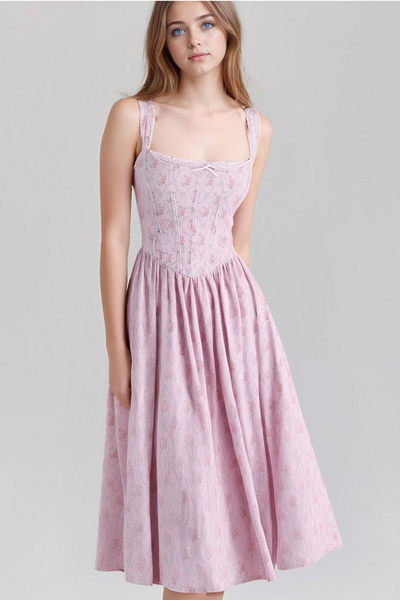Pink Embroidered Print Lace-Up Heavy Slim Suspender Dress