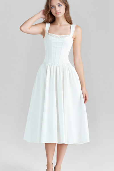 Small slim white long dress with waist and back tie