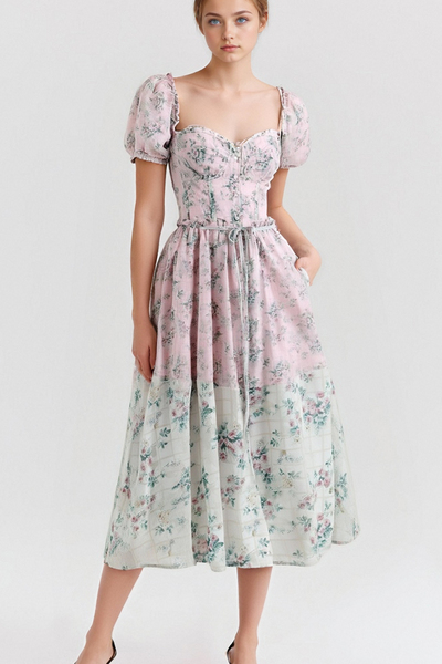 Floral waist square neck suspender dress