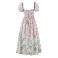 Floral waist square neck suspender dress - Thumbnail 2