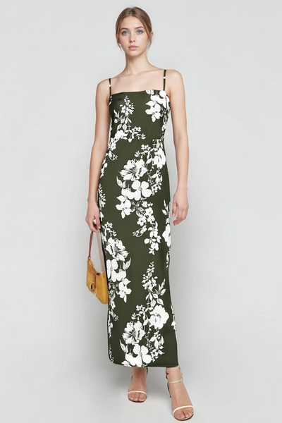 Retro Printed Slim Maxi Dress with Hip-Wrap and Slit Back