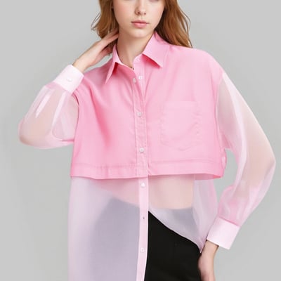 Fashionable and simple bow-decorated transparent hard gauze splicing lapel loose versatile shirt loose top