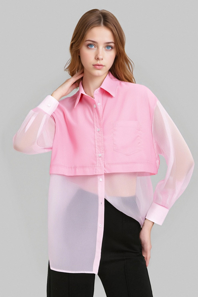 Fashionable and simple bow-decorated transparent hard gauze splicing lapel loose versatile shirt loose top