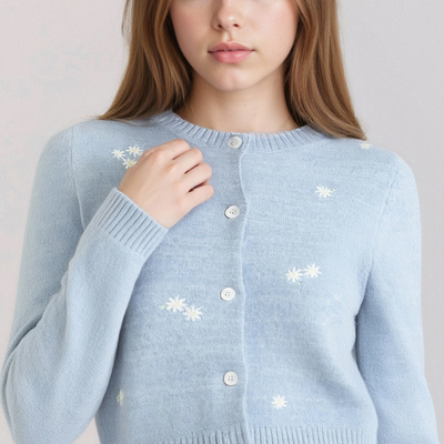 Retro blue sweet embroidery knitted gentle cardigan round neck simple long sleeve versatile sweater jacket