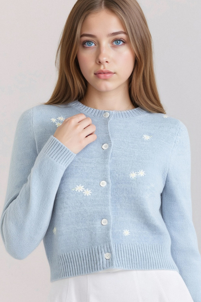 Retro blue sweet embroidery knitted gentle cardigan round neck simple long sleeve versatile sweater jacket