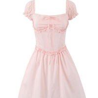 Sexy ruffled square neck bow puff sleeve dress with waist and back straps for girls - Thumbnail 1