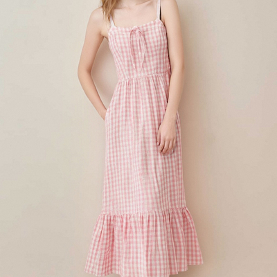 Women's sweet and fresh waist plaid dress with ruffles - Thumbnail 1