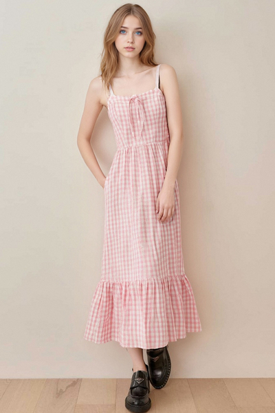 Women's sweet and fresh waist plaid dress with ruffles