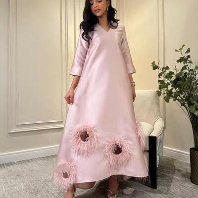 Customized classic modern style formal evening v-neck a-line feathers s bespoke occasion dresses