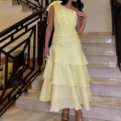 Customized pastrol bow a-line one-shoulder midi dresses homecoming dresses chinese style formal casual simple retro fashion high