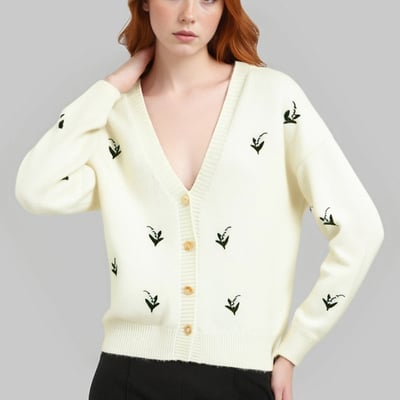 Retro v-neck single-breasted knitted embroidered cardigan sweater - Thumbnail 5