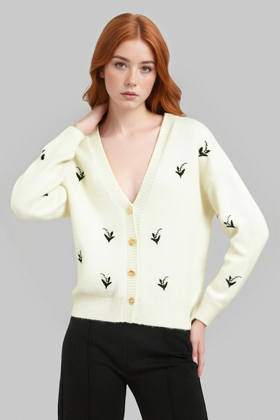 Retro V-neck single-breasted knitted embroidered cardigan sweater