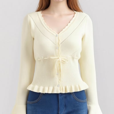 Ruffled v-neck layered ruffled knitted cardigan - Thumbnail 5