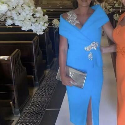 Elegant sheath blue tea-length mother of the bride/ groom dresses formal evening gown