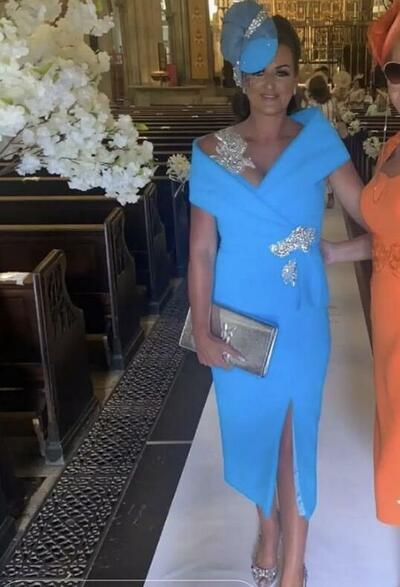 Elegant Sheath Blue Tea-length Mother of the Bride/ Groom Dresses Formal Evening Gown