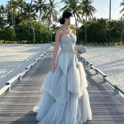 Customized tulle pleat a-line sweetheart long dresses prom dresses classic exquisite modern style formal dress