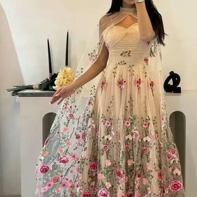 Customized prom dresses matching high collar a-line evening embroidery flower organza formal occasion gown