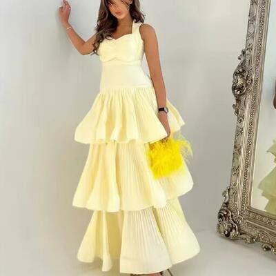 Customized fashion square collar empire tiered party dress ankle length sleeveless pleat formal evening gowns 