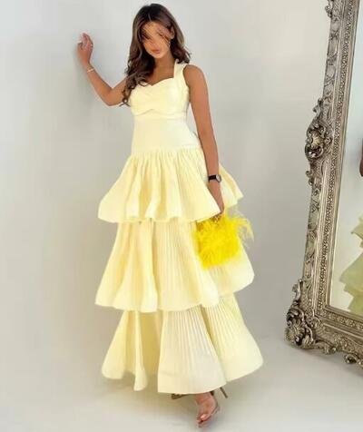 Customized Fashion Square Collar Empire Tiered Party Dress Ankle Length Sleeveless Pleat Formal Evening Gowns 