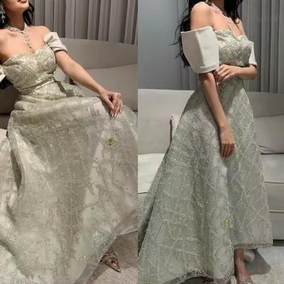 Customized prom dress sparkle off-the-shoulder a-line beading evening formal gown