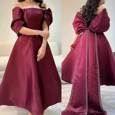 Customized bow sequined beading ruched party a-line off-the-shoulder prom dress evening formal gown midi dresses
