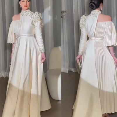 Customized flower sequined beading draped valentine's day a-line high collar evening formal prom dress long dresses