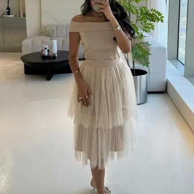 Customized modern style tulle pleat tiered sash a-line off-the-shoulder midi dresses prom party homecoming dresses