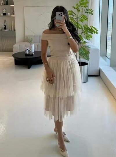 Customized Modern Style Tulle Pleat Tiered Sash A-line Off-the-shoulder Midi Dresses Prom Party Homecoming Dresses