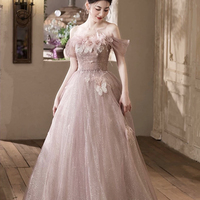 Pink Tulle Lace Long A-Line Prom Dress - Thumbnail 1