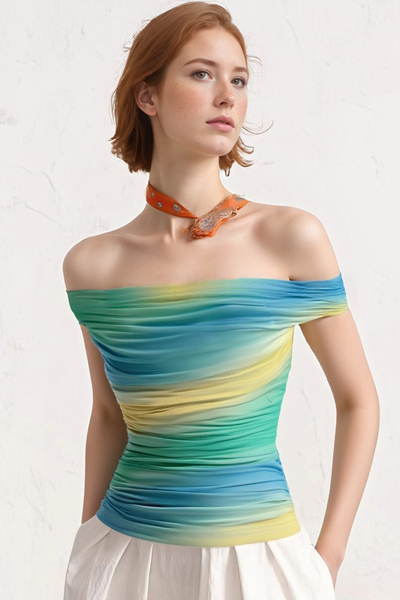 Sexy hot girl one-shoulder gradient color matching short vest top