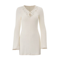 Sexy lace stitching retro solid color knitted long-sleeved dress - Thumbnail 2