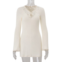 Sexy lace stitching retro solid color knitted long-sleeved dress - Thumbnail 5