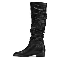 Black PU flat knee-high wrinkled boots - Thumbnail 2