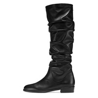 Black PU flat knee-high wrinkled boots - Thumbnail 3