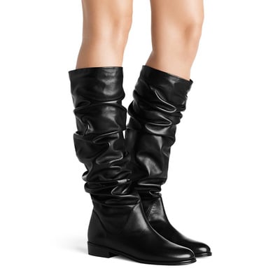 Black pu flat knee-high wrinkled boots