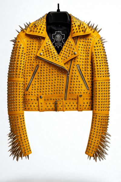 Crafted Leather Classic New Women's Punk Rock Full Yellow Spiked Studded Brando Rusty Leather Jacket 
