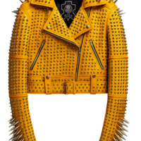 Crafted Leather Classic New Women's Punk Rock Full Yellow Spiked Studded Brando Rusty Leather Jacket  - Thumbnail 1