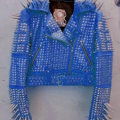 Crafted leather classic new women's punk rock full blue spiked studded brando party wear jacket 