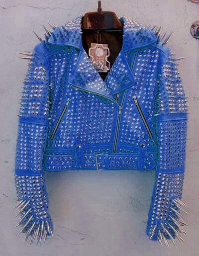 Crafted Leather Classic New Women's Punk Rock Full Blue Spiked Studded Brando Party Wear Jacket 