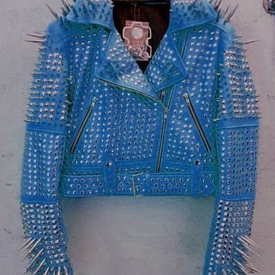 Crafted leather classic new women's punk rock full blue spiked studded brando party wear jacket  - Thumbnail 5