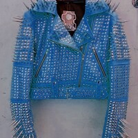 Crafted Leather Classic New Women's Punk Rock Full Blue Spiked Studded Brando Party Wear Jacket  - Thumbnail 1