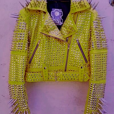 Crafted leather classic new women's punk rock full yellow luxury spiked studded brando party wear jacket 