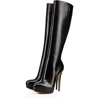 Black PU boots stiletto pointed toe zipper mid boots - Thumbnail 1