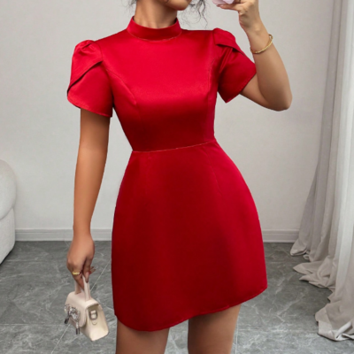 Women's temperament bow short sleeved high waisted dress - Thumbnail 1
