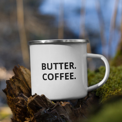 Butter. coffee. enamel mug
