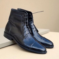 Crafted Leather Classic Men Black Leather Ankle High Lace up Boot - Thumbnail 6